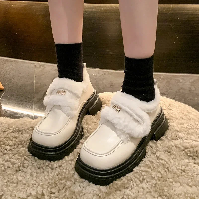 LBSFY  -  Winter Warm PU Leather Platform Shoes for Women Fashion Casual New Designer Loafers Ladies Black White British Pump Shoes Woman