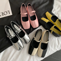 LBSFY  -  Fashionable Women's Shoes New High Quality True Leather Color Block Mary Jane Shoes Square Head Low Heel Flat Shoes