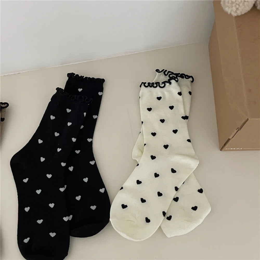 Lbsfy New Women Socks Cotton Ruffle Love Print Socks Middle Tube Autumn Spring Winter Sweet Style Socks Japanese Girls Socks