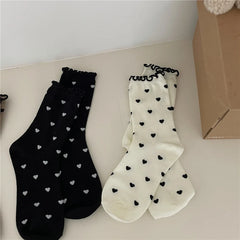 Lbsfy New Women Socks Cotton Ruffle Love Print Socks Middle Tube Autumn Spring Winter Sweet Style Socks Japanese Girls Socks