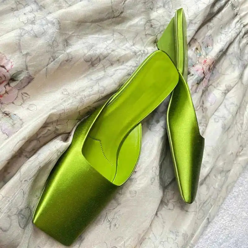 LBSFY  -  Luxury Satin Design Mules Shoes for Women Summer Sexy Square Head Strange Low Heel Slide Sandals Elegant Comfort Dress Slippers