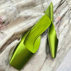 LBSFY  -  Luxury Satin Design Mules Shoes for Women Summer Sexy Square Head Strange Low Heel Slide Sandals Elegant Comfort Dress Slippers