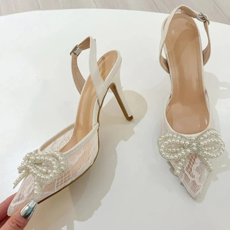 Lbsfy Lace String Bead Thin High Heels Women Pointed Toe Bowknot Party Dress Shoes Hollow Breathable Mesh Slingbacks Sandals Women