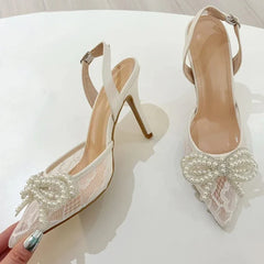Lbsfy Lace String Bead Thin High Heels Women Pointed Toe Bowknot Party Dress Shoes Hollow Breathable Mesh Slingbacks Sandals Women