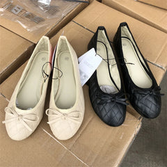 LBSFY -Spring Autumn Elegant Bowknot Ballerina Flat Women's Round Toe Comfort Slip-On Ladies Loafers Leather Single Mules Shoes