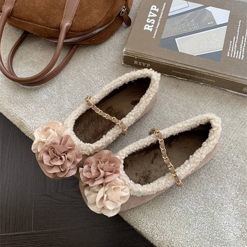 LBSFY  -   2025 New French Retro 3D Flower Flats Round Head Plush Inner Single Shoes Metal Chain Buckle Winter Ballet Shoes Mary Jane 35-39