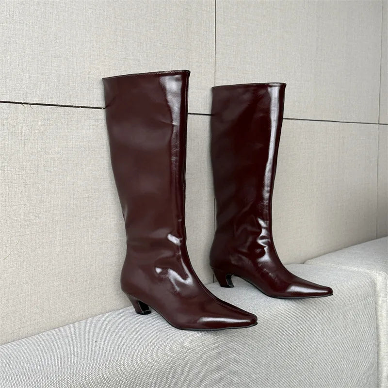 LBSFY  -  Knee High Boots For Women Kitten Heel 2025 New Burgundy Boots Leather Shoes