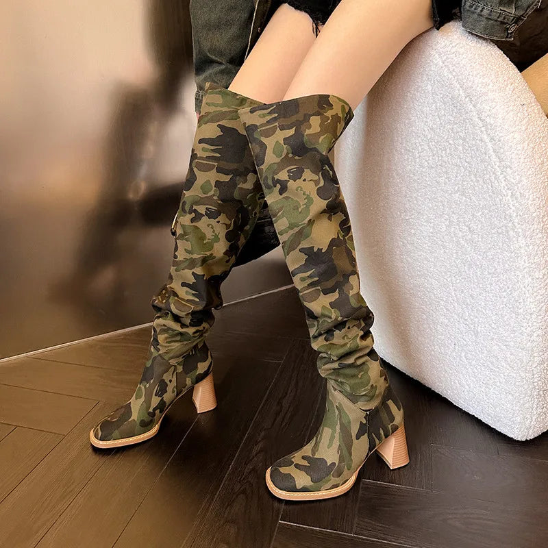 LBSFY  -  Fashion Over Knee Boots Women New High Quality Camo Boots Round Head Pleated High Heel Boots Street Hot Girl Modern Boots