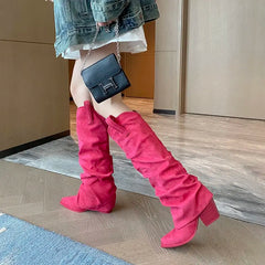 LBSFY  -  Large Size 34-43 New Faux Suede Knee High Boots Women Pointed Toe Block High Heels Pleated Fashion Boots Winter Shoes