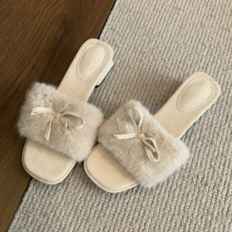 LBSFY  -  New Winter Fluffy Slippers Women Bow Square Toe Warm Slides Women Outdoors Peep Toe Sweet Elegant Chunky Fur Slippers Female