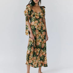 LBSFY  -  2024 Fashion Hight Waist Slim Party Dress Elegant V-neck Floral Print Bohemian Dress Women Casual Puff Sleeve Lace-up Long Dress