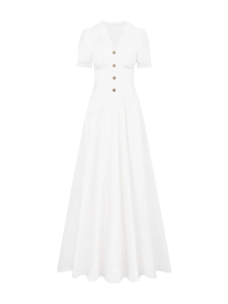 LBSFY -French Elegant Lace Long Dress Summer V-Neck Puff Sleeve Single Breasted Woman Dresses Office Lady Casual 2025 New Vestidos