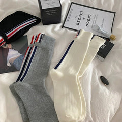 Lbsfy 3 Pairs Woman Tide Brand European Striped Label Solid Color Spring Autumn Cotton Socks Japanese JK Three Stripes Fashion Sox