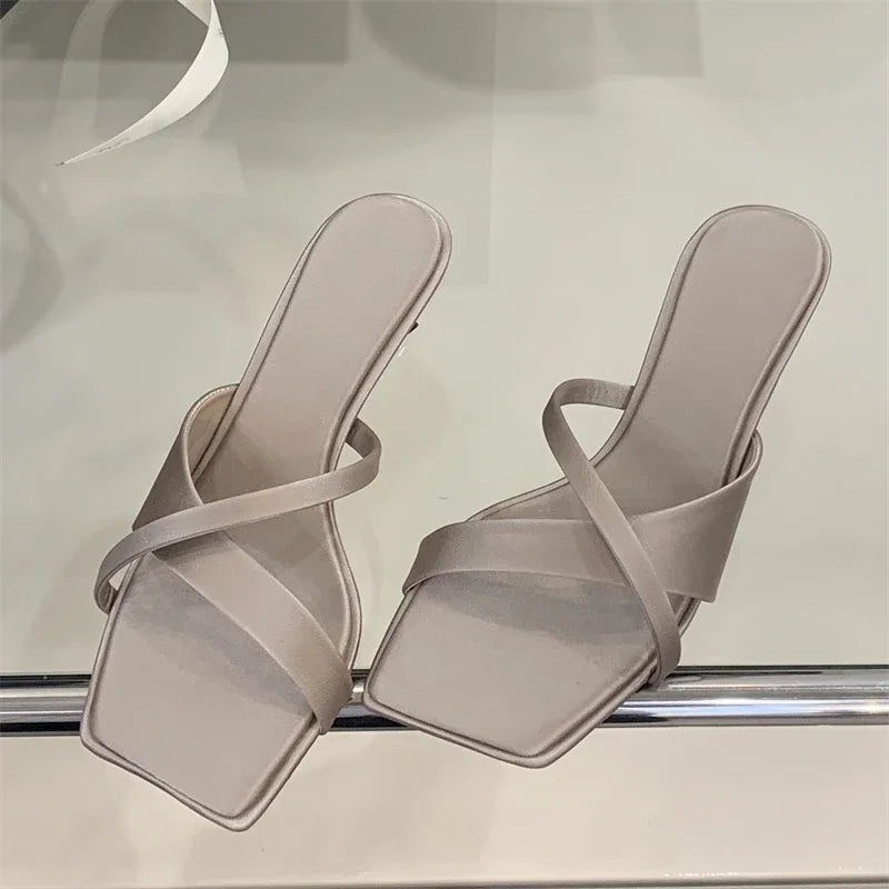 LBSFY -Summer Fashion Narrow Band Square Toe Slippers Women Low Heels Beach Sandals Slide Party Shoes Zapatos De Mujer