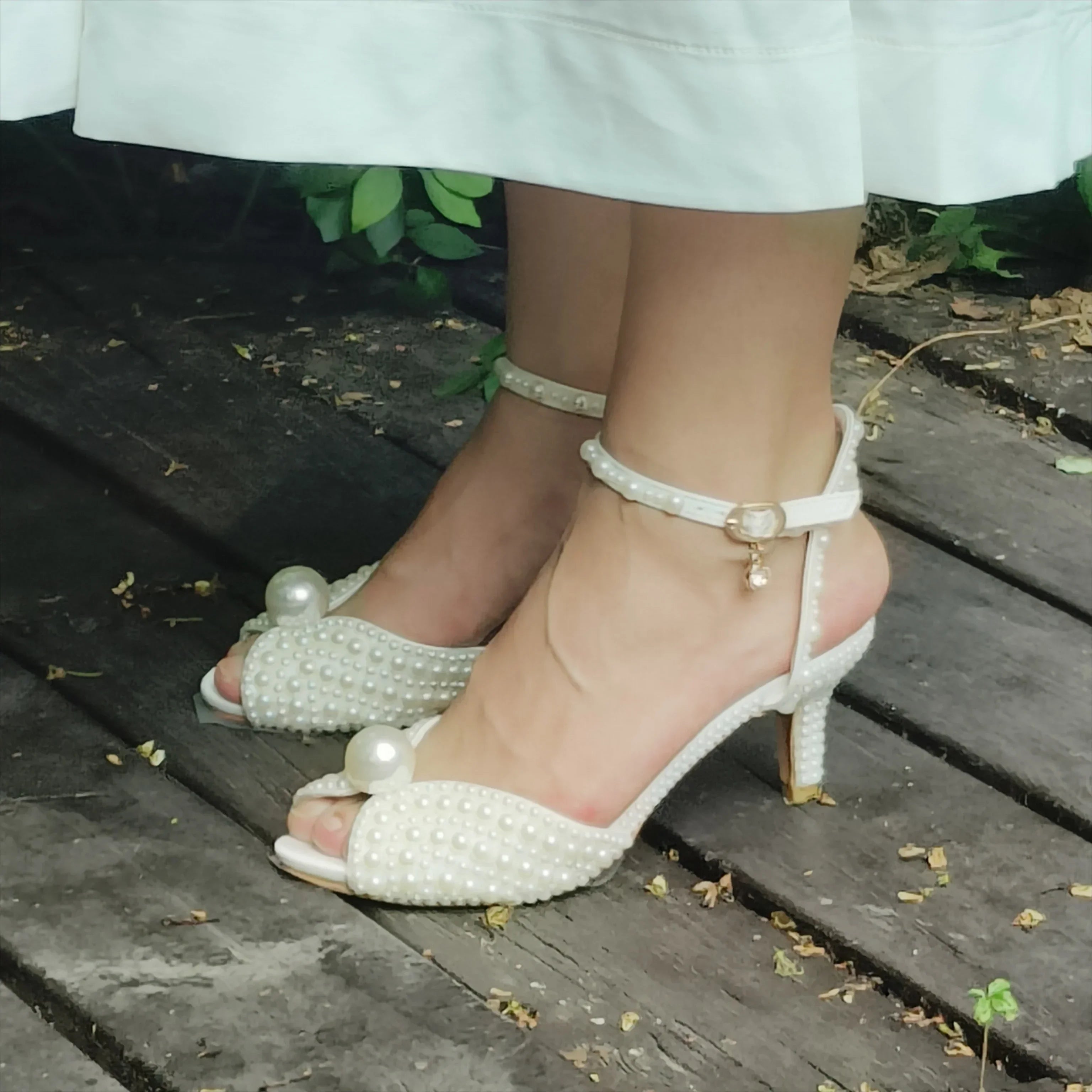 LBSFY  -  White Pearl Heels Sandals Shoes for Women Wedding Party 6cm Ankle Strap 2024