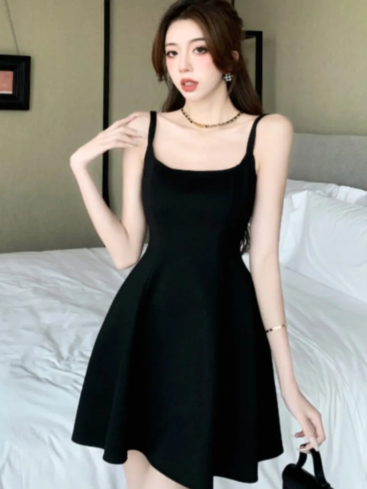 LBSFY -Black Sexy Spaghetti Strap Dress For Woman Elegant French Square-Collar Slim Waist Dresses Sleeveless Party Evening Skirt Summer