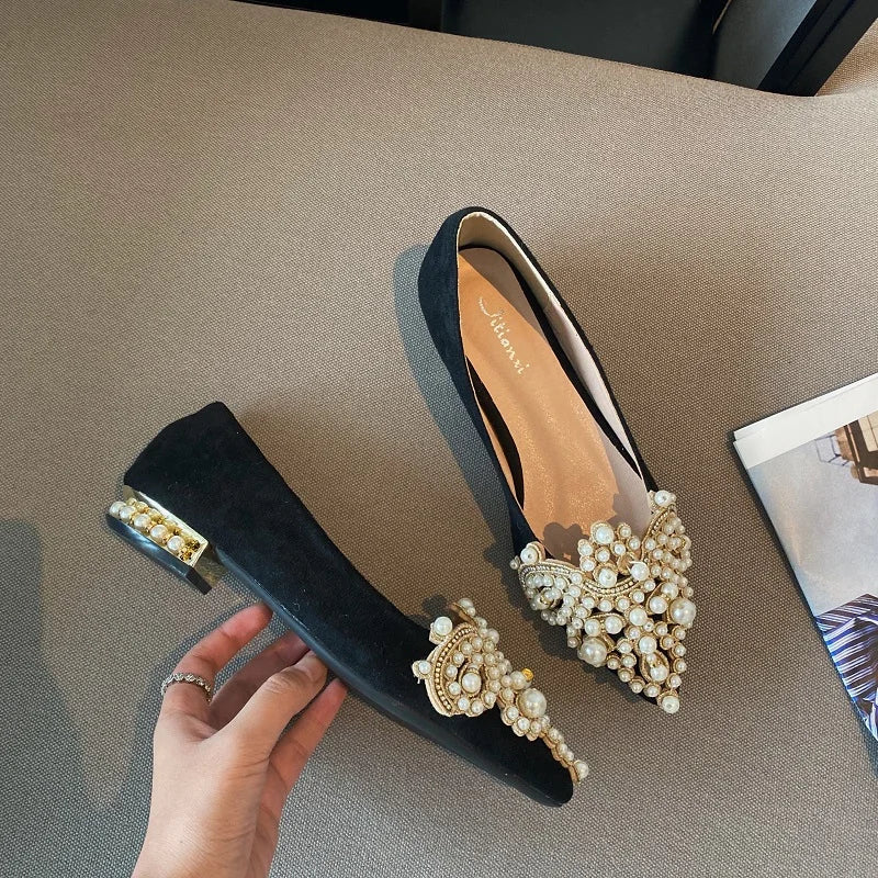 LBSFY -Black New Crown Pearl Flats Women Wedding Shoes Pointed Toe Female Dress Moccasins Low Pearl Heel Ladies Fashion Luxury Style 43