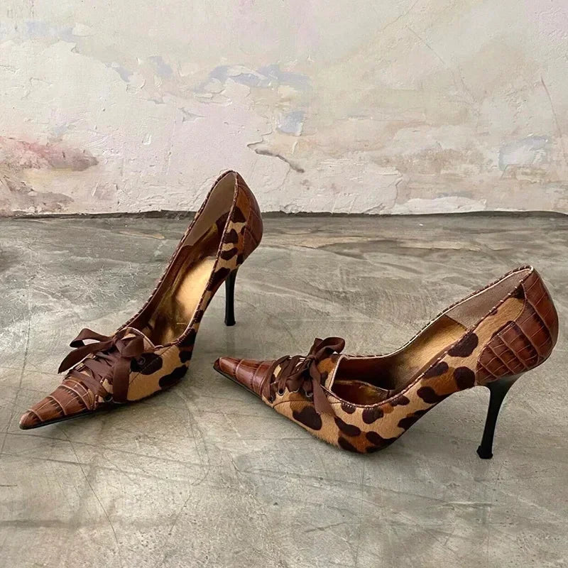 Lbsfy Leopard Sexy Pointed Thin High Heels Women Lace Up Rhinestone Designer Party Dress Shoes Shallow Brand Office Shoes Women Pumps