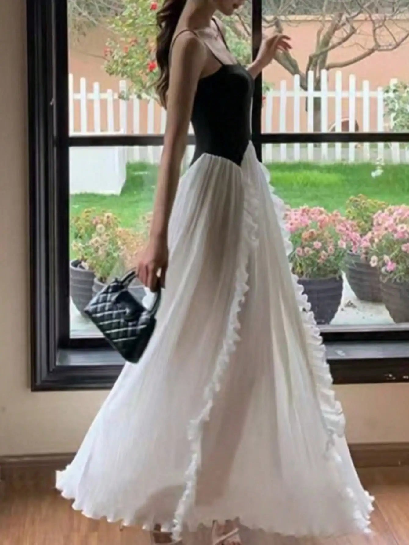 LBSFY -French Ruffle Pleated Elegant Fashion Evening Party Black White Women's Dresses Spliced A-Line Prom Spaghetti Strap Dress New