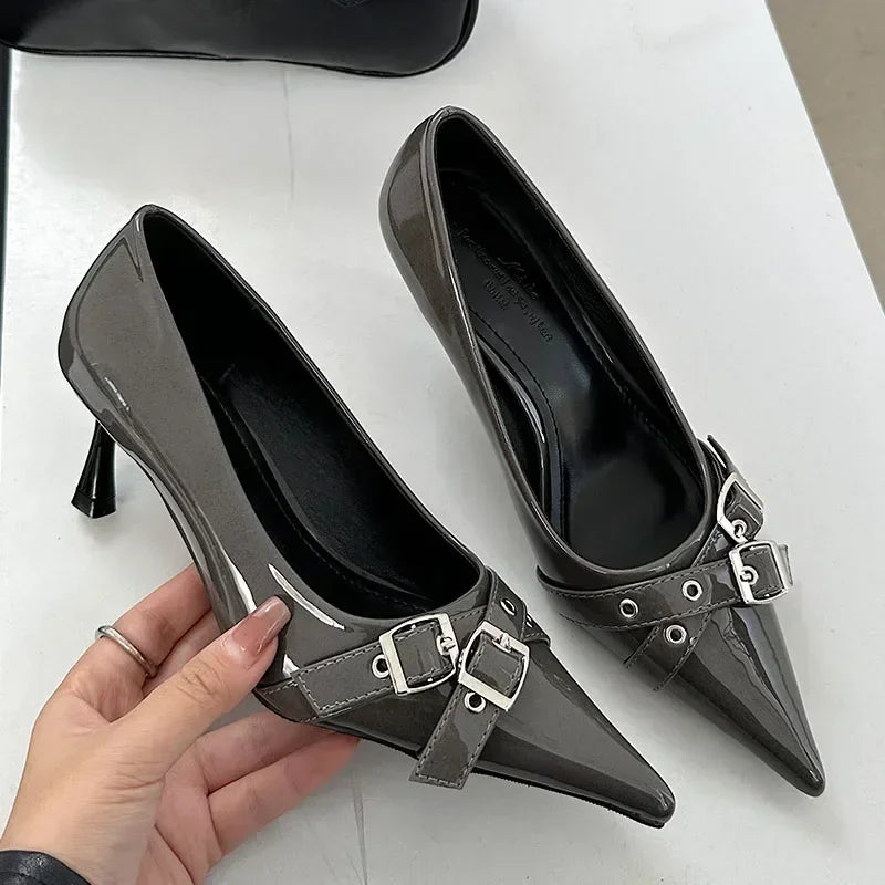 Lbsfy Elegant Patent Leather Metal Belt Buckle Designer Women Pumps Sexy Pointed Toe Thin High Heels High Quality Mary Jane Mules Shoe