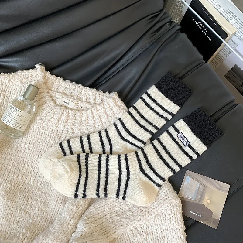 Lbsfy Wool Winter Thick Warm Cute Socks Cotton Korean Wool Stripe Designer Socks Middle Tube Kawaii Casual Harajuku Women Socks