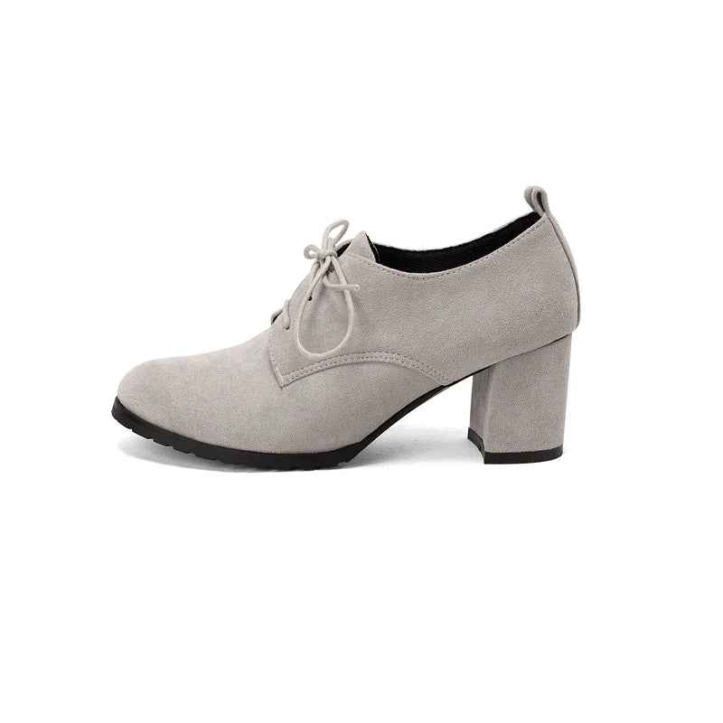 LBSFY  -  Spring New 2024 Ladies Retro Pumps Classics Flock Lace Up Office Round Toe Block High Heel Shoes Female Size 33-43 Black Brown