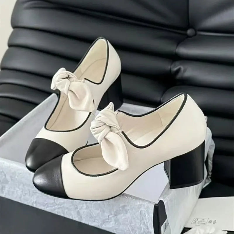 LBSFY  -   Star style Fashion Mixed-color Bowknot Mary Janes Women Pumps Spring Summer Patent Leather Thick High heels Female Party Shoes