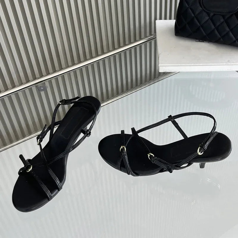 Lbsfy Summer Thin Heels Sandals Women Narrow Band Concise Open Toe Dress Shoes Ladies Buckle Elegant Fashion Footwear Female