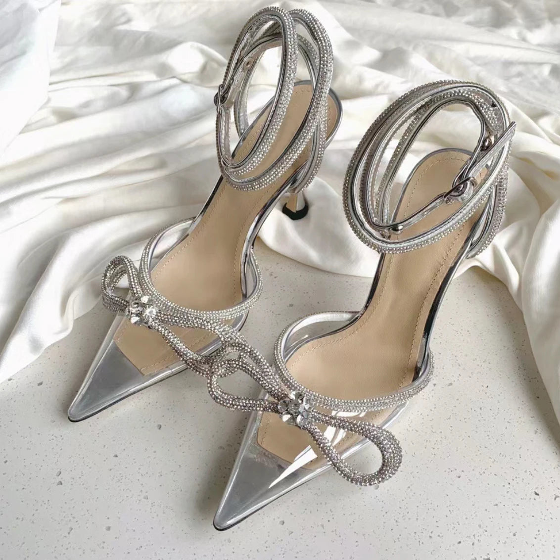 LBSFY  -  Transparent Pvc Crystal Bowknot High Heels Brand Designer Pointed Toe Stiletto Rhinestone Bow Strap Sandals Ladies Party Pumps