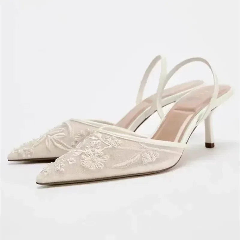 LBSFY  -  Sexy Mesh Embroidered Flowers Designer Heeled Sandals Women 2025 Summer Elegant Slingback Pointed Toe Thin High Heels Dress Shoe