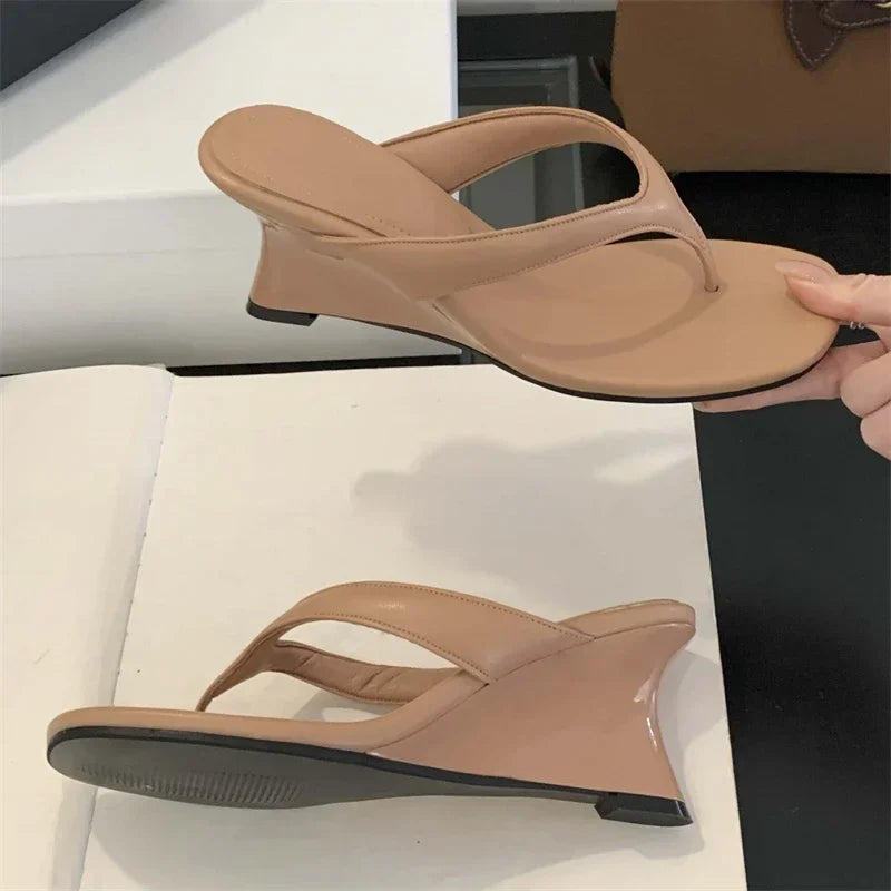 LBSFY -Fashion Square Clip Toe Platform Wedges Women Slippers 2025 Summer High Heels Flip Flops Ladies Shoes