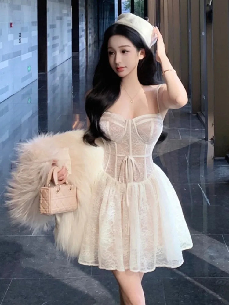LBSFY -Y2K Sweet Lace Mini Dress Sexy Spaghetti Straps Lace-up A-Line Princess Birthday Party Dresses Female Prom Short Vestidos Mujer