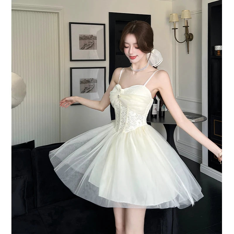 LBSFY -Summer Elegant Sweet Princess Dresses For Woman Spaghetti Strap Mesh A-Line Short Dress Birthday Party Evening Fashion New