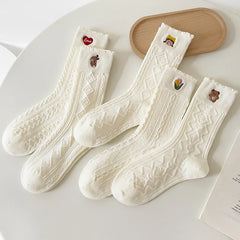 Lbsfy Women Socks Cartoon Bear Love Embroidery Female Lovely Cute Kawaii Lolita Cotton Socks Girls Gift Ladies White Long Stockings