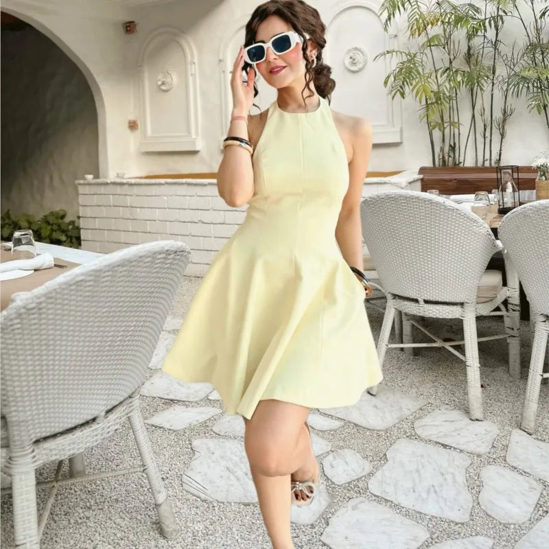 LBSFY -Versatile Halter Neck Backless Short Dress New A-line Zipper Solid Color Yellow Party Dress Fashion Vestidos Woman Clothing