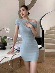 LBSFY -Sexy Korean Fashion Elegant Inclined-Shoulder Blue Short Dresses Backless Slim Pleated Party Dress Spring Summer New Vestidos