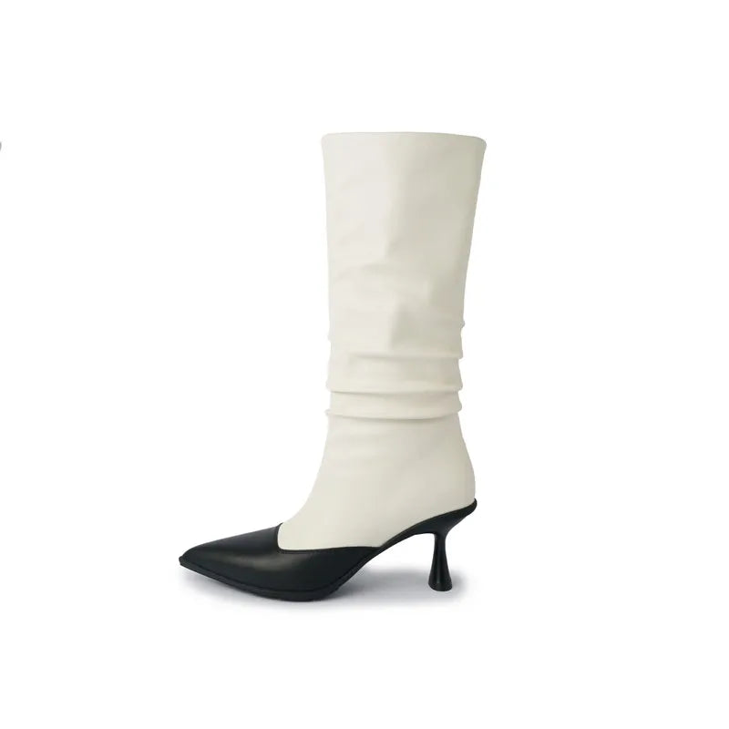LBSFY  -  Fashion Short Boots Women New High Quality Genuine Leather Boots Wrinkled Pointed High Heels Mid heeled Boots Calf Boots
