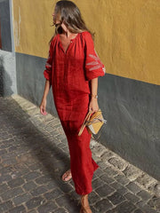 LBSFY  -  Fashion Printing Half Sleeve Loose Split Dress For Women 2025 Vintage V Neck Maxi Casual Dresses Elegant New Lady Vacation Robes