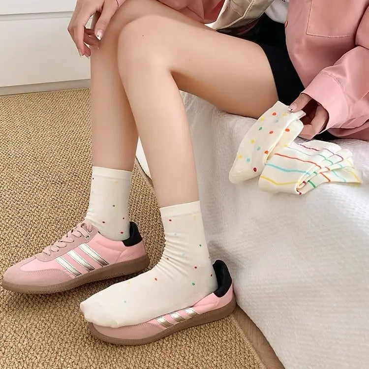 Lbsfy Women Socks Cotton Spring Autumn Winter Streetwear Harajuku Sock Girls Gift White Striped Polka Dots Socks Calcetines Kawai Soks