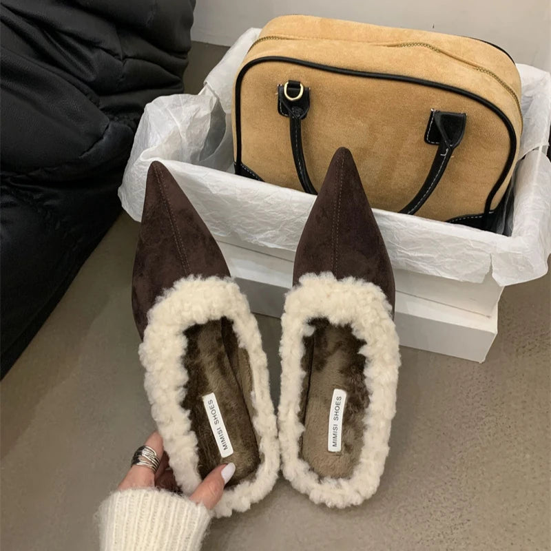LBSFY  -  2024 Lamb Wool Inner Slippers Pointed End Imitation Suede Short Heel Outer Slippers Autumn/winter Color Block Woman Shoes 35-40
