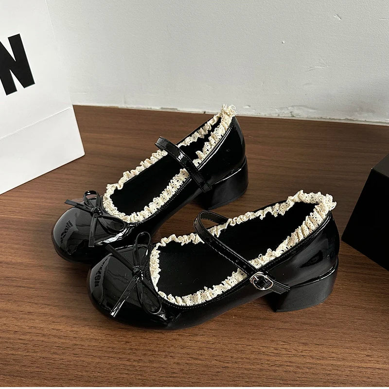 LBSFY -Autumn Women Mary Jane Shoes Fashion Butterfly-knot Dress Shoes Ladies Concise Outdoor Thick Heel Leather Shoes