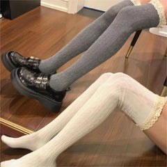 Lbsfy Academic Style Sexy Vintage Lace Long Knee Socks Premium Feel Light Luxury Warm Black White Grey Over Knee Thigh High Stockings