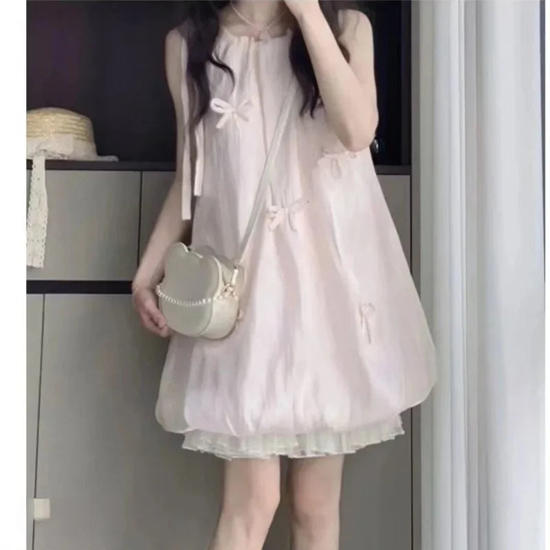 LBSFY -Sweet Pink Butterfly Knot Flower Bud Dress Women's Loose Slimming Short Skirt Summer New Style Student Mini Dress Casual Chic