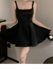 LBSFY -Elegant Vintage Sexy Satin Mini Dress Solid Square-Collar Slim Waist Ball Gown Korean Chic Evening Party Prom Female Clothes