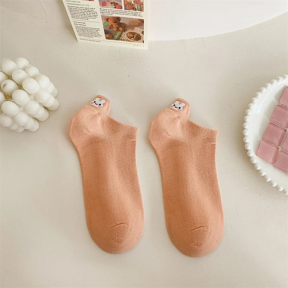 Lbsfy Women Socks Cotton Lady Cute Kawaii Candy Color Cartoon Animal Panda Rabbit Duck Rainbow Embroidery Invisible Low Cut Ankle Sock