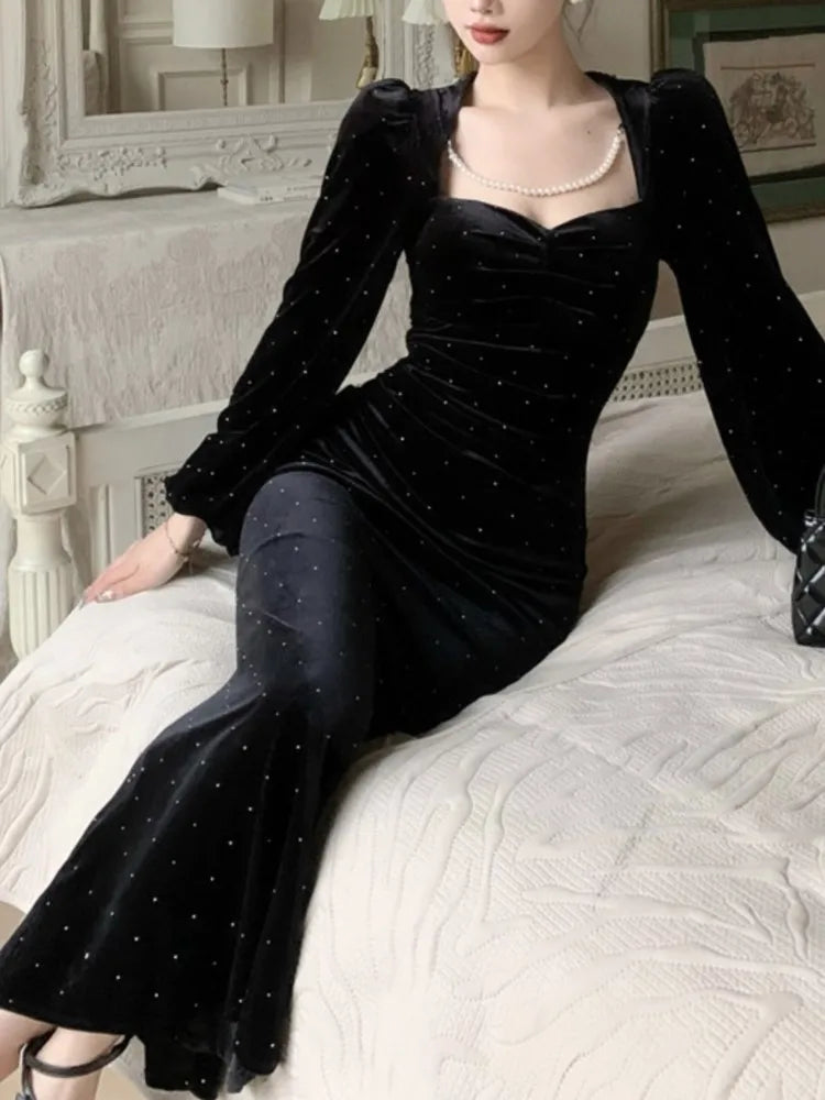 LBSFY -Elegant Velvet Black Mermaid Dress for Women Autumn Vintage Slim Solid Lantern Sleeve Dresses Fashion Evening Party Female Robe