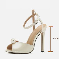 LBSFY  -High Quality Cozy Silk Peep Toe 11CM Thin Heels Gladiator Sandals Women Fashion Pearl Designer Shoes Ankle Strap Sandalias
