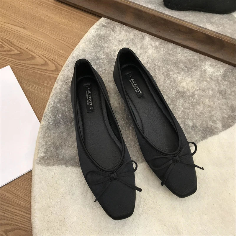 LBSFY -Luxury Lace Tie Leg Satin Silk Ballet Flats Woman Square Toe Bowknot Elastic Band Ballerinas Ladies Wedding Mary Janes Shoes