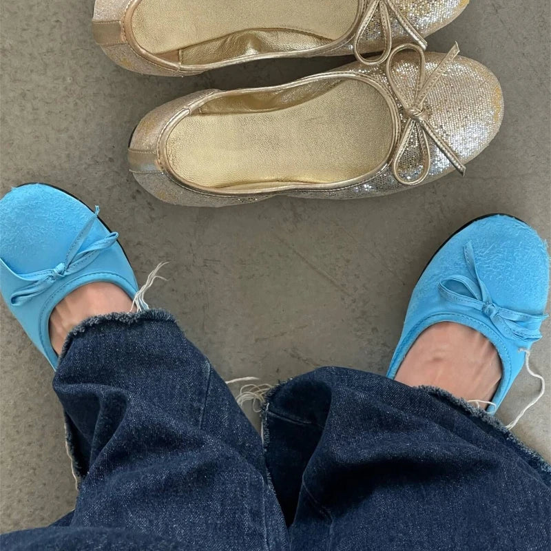 LBSFY  -  Gold Ballet Flats Summer Soft Comfortable Shallow Mary Jane Round Toe Bow Ballet Shoes Little Blue Shoes