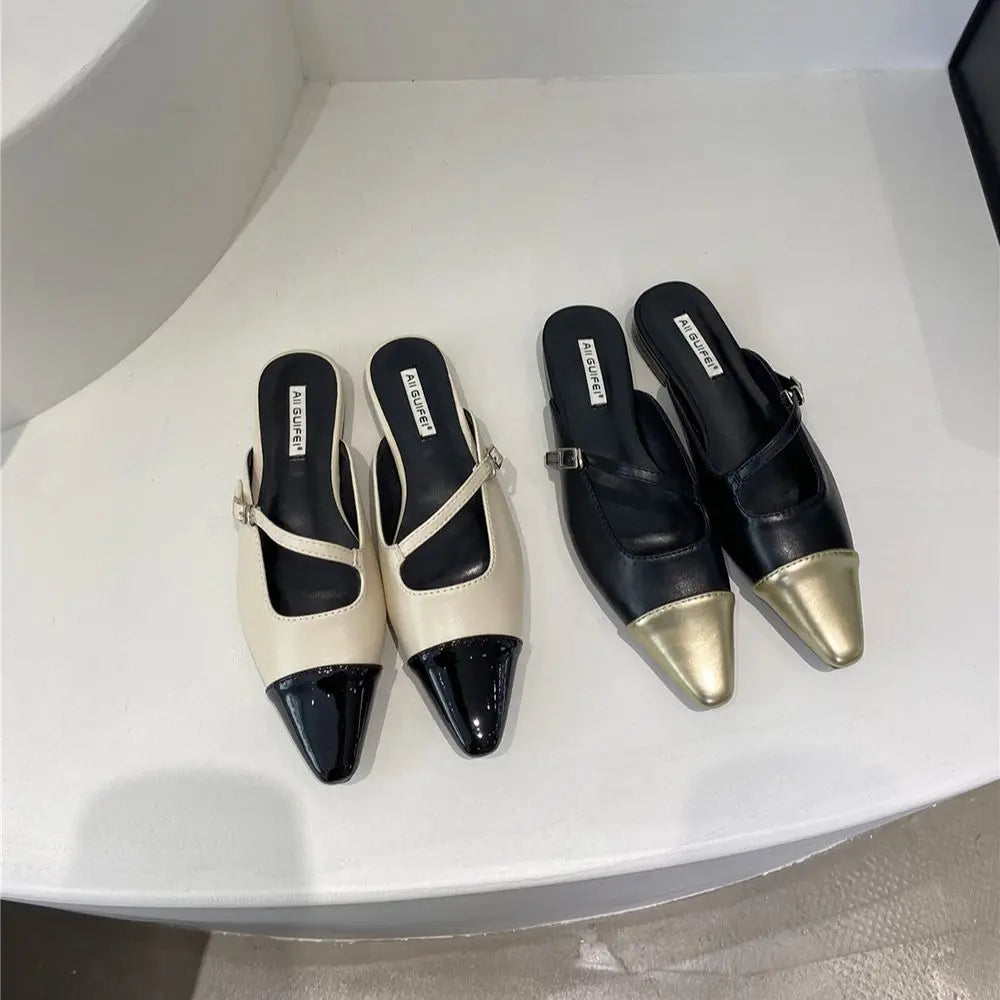 LBSFY  -  Pointed Toe Women Slippers Mixed Solor Color Flat Heels Shallow Slip On Casual Slides Mules Shoes Black Beige Green Slippers